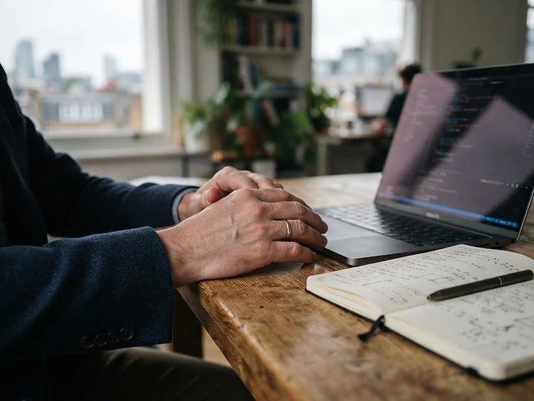 A mature professional's hands resting thoughtfully on a wooden desk beside an open notebook