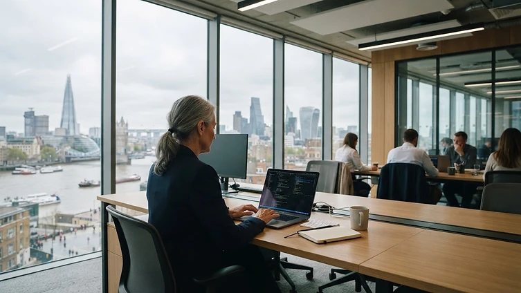 A modern London tech hub interior overlooking the City skyline