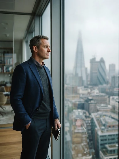 A mature British professional reflecting against a London cityscape